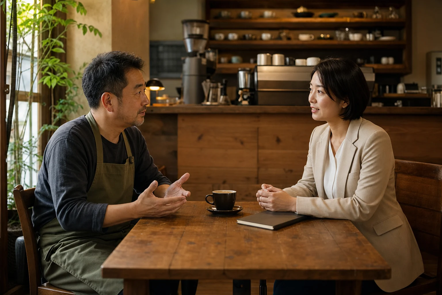 営業後のカフェで店主とM&A担当者が相談する様子