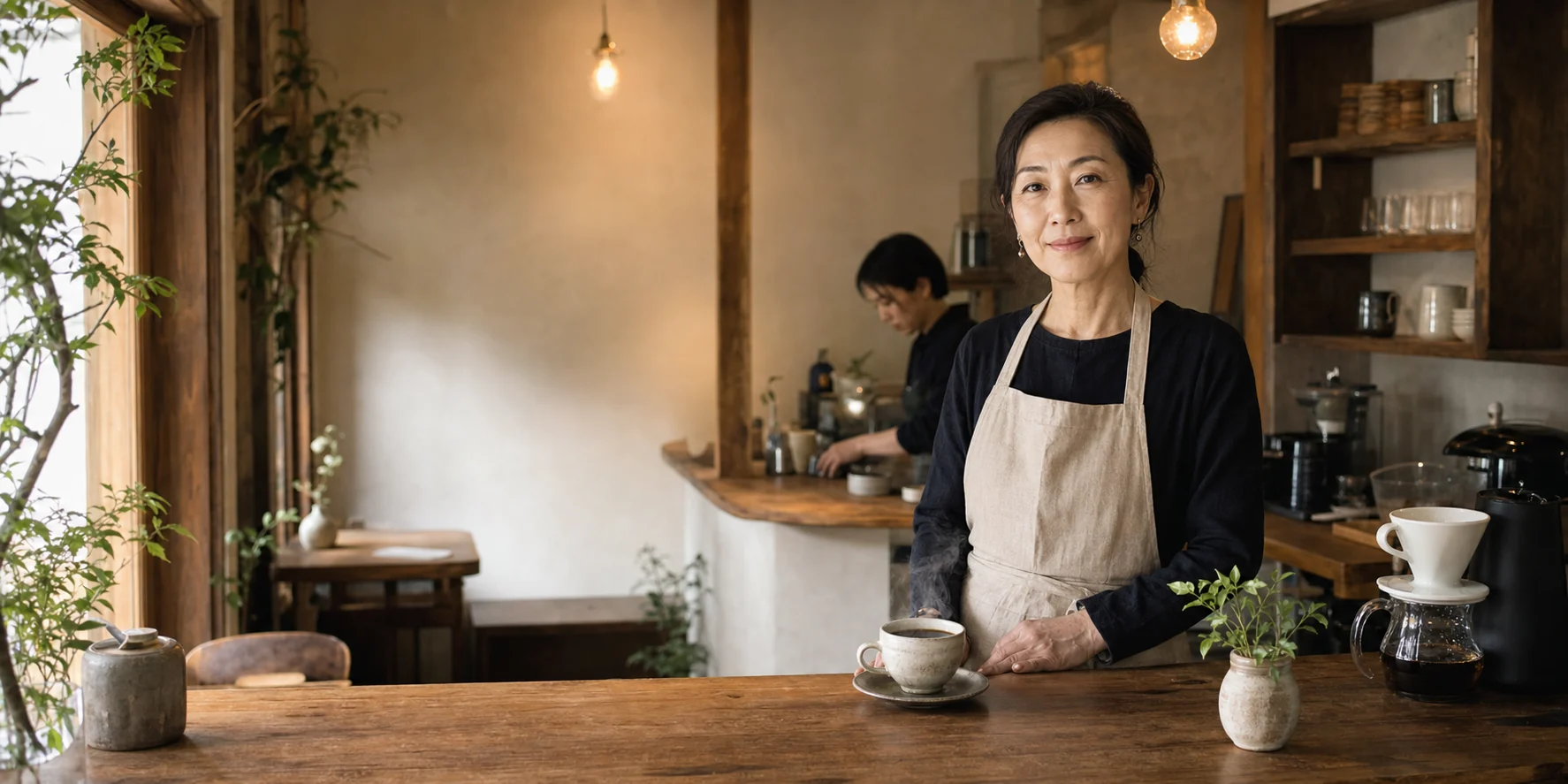 木の温もりあるカフェで微笑む女性オーナーとスタッフ