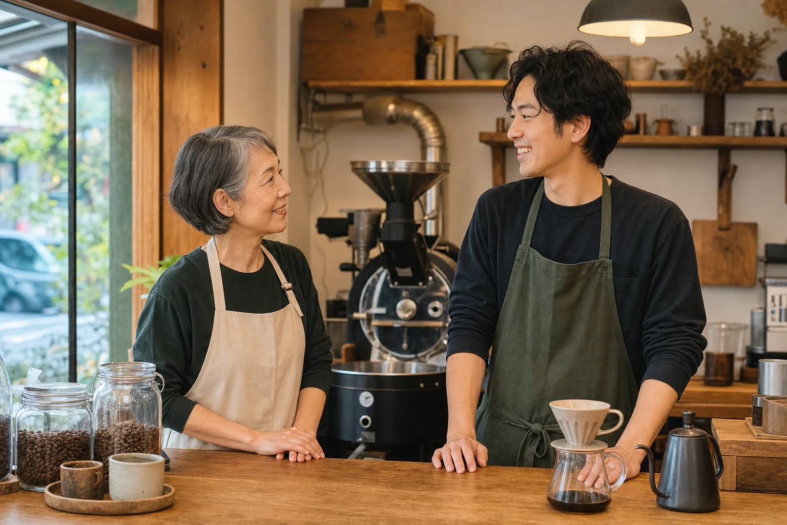 焙煎カフェで先代オーナーと後継者が笑顔を交わす様子