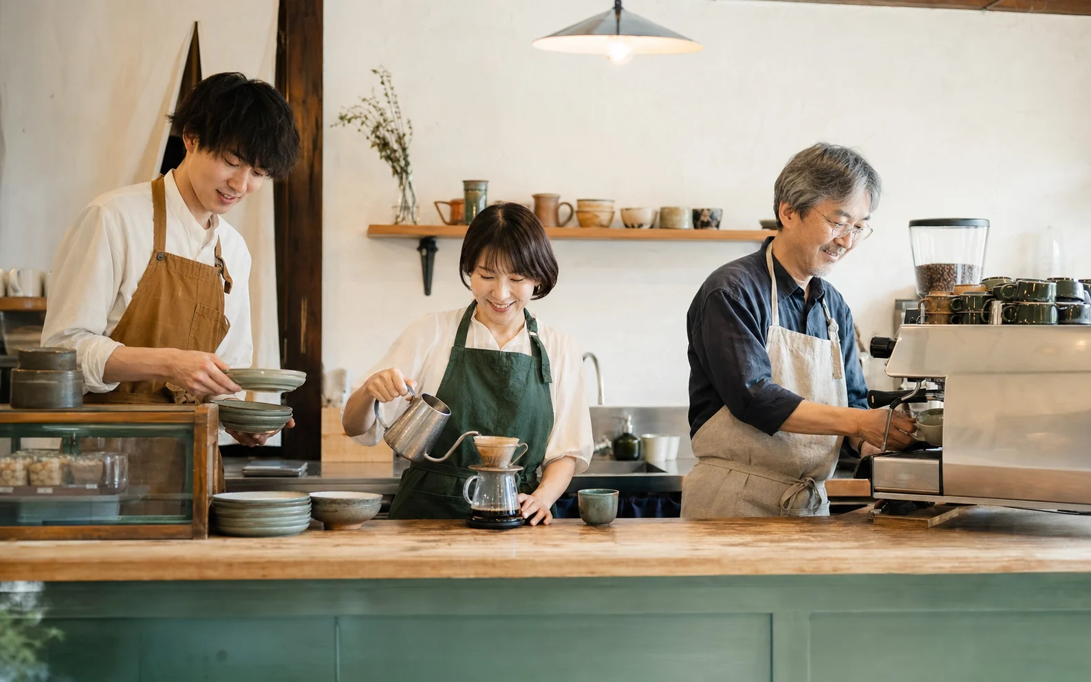 開店準備を進める年代の異なる三人のカフェスタッフ